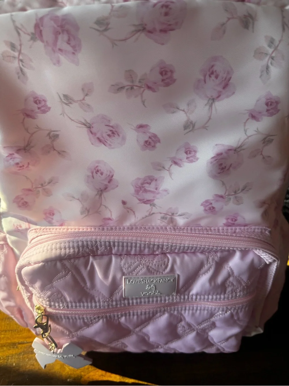 LoveShackFancy Light Pink Floral Quilted Kids Backpack with Bow Charm